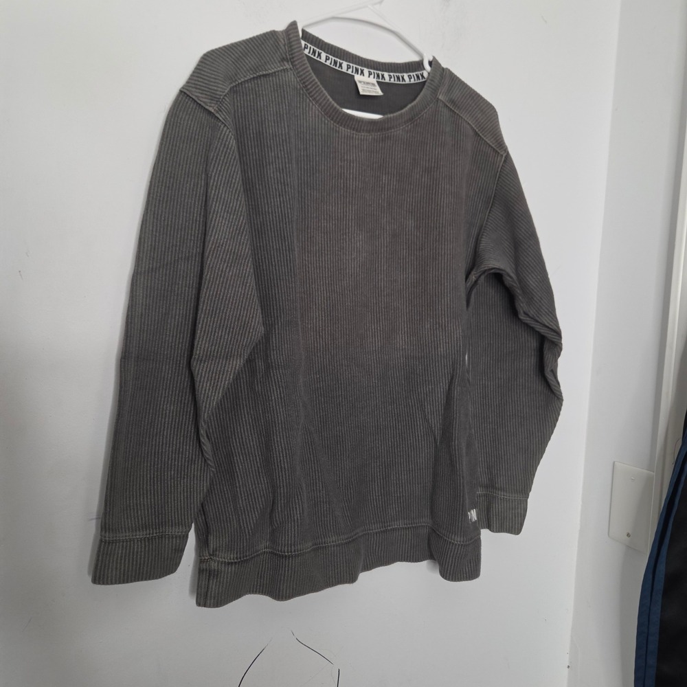 PINK Victoria's Secret Ribbed Crewneck Sweatshirt Gray Corded Pullover Small